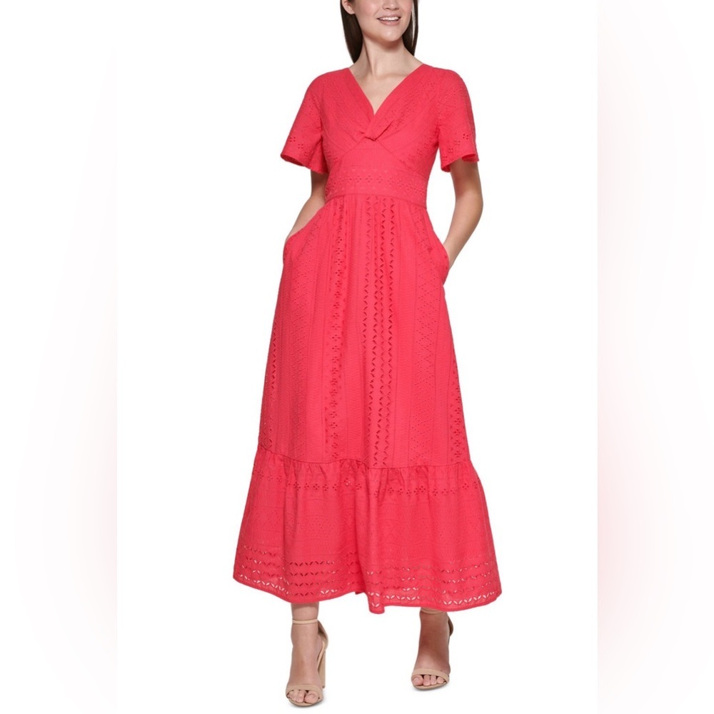 Kensie Eyelet Short Sleeve Maxi Dress